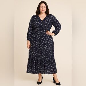 Fair Lady Navy Floral Maxi Dress 18 – Ruffle V-Neck Long Sleeve Boho Chic